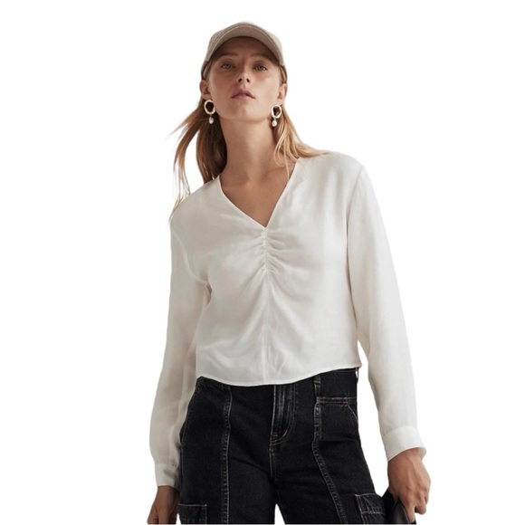 Madewell Tops - Madewell Brushed Ruched Front Ivory V-neck Long Sleeve Blouse Women’s Size 8